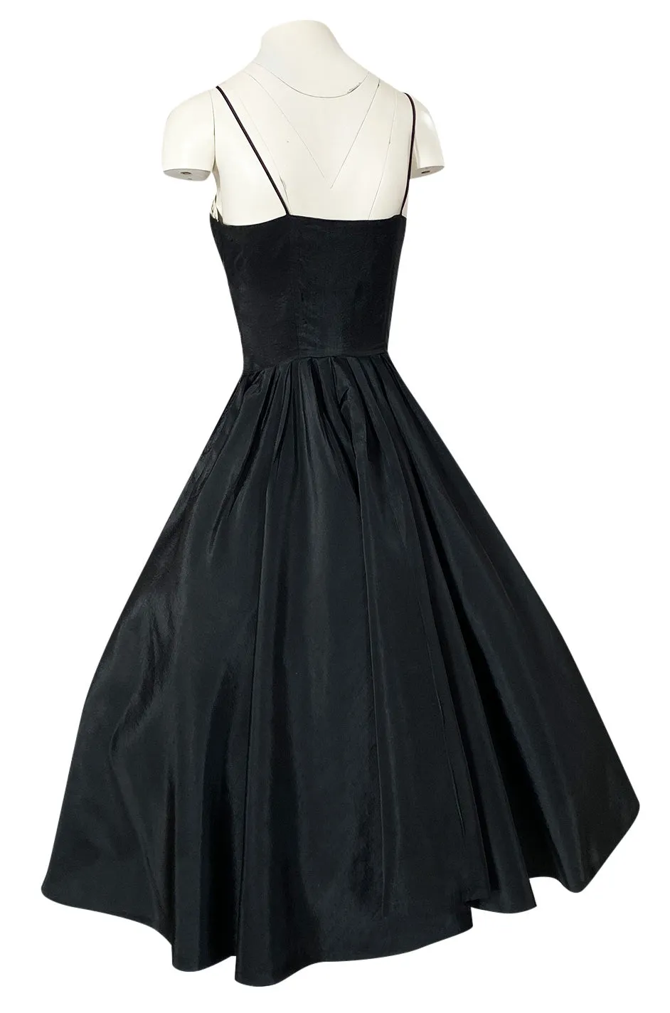 1950s Unlabeled Black Full Circle Skirted Silk Dress w Daisy Applique Bust