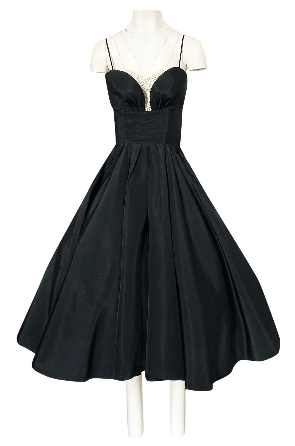 1950s Unlabeled Black Full Circle Skirted Silk Dress w Daisy Applique Bust