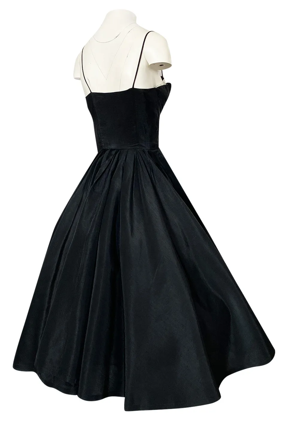 1950s Unlabeled Black Full Circle Skirted Silk Dress w Daisy Applique Bust