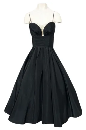 1950s Unlabeled Black Full Circle Skirted Silk Dress w Daisy Applique Bust