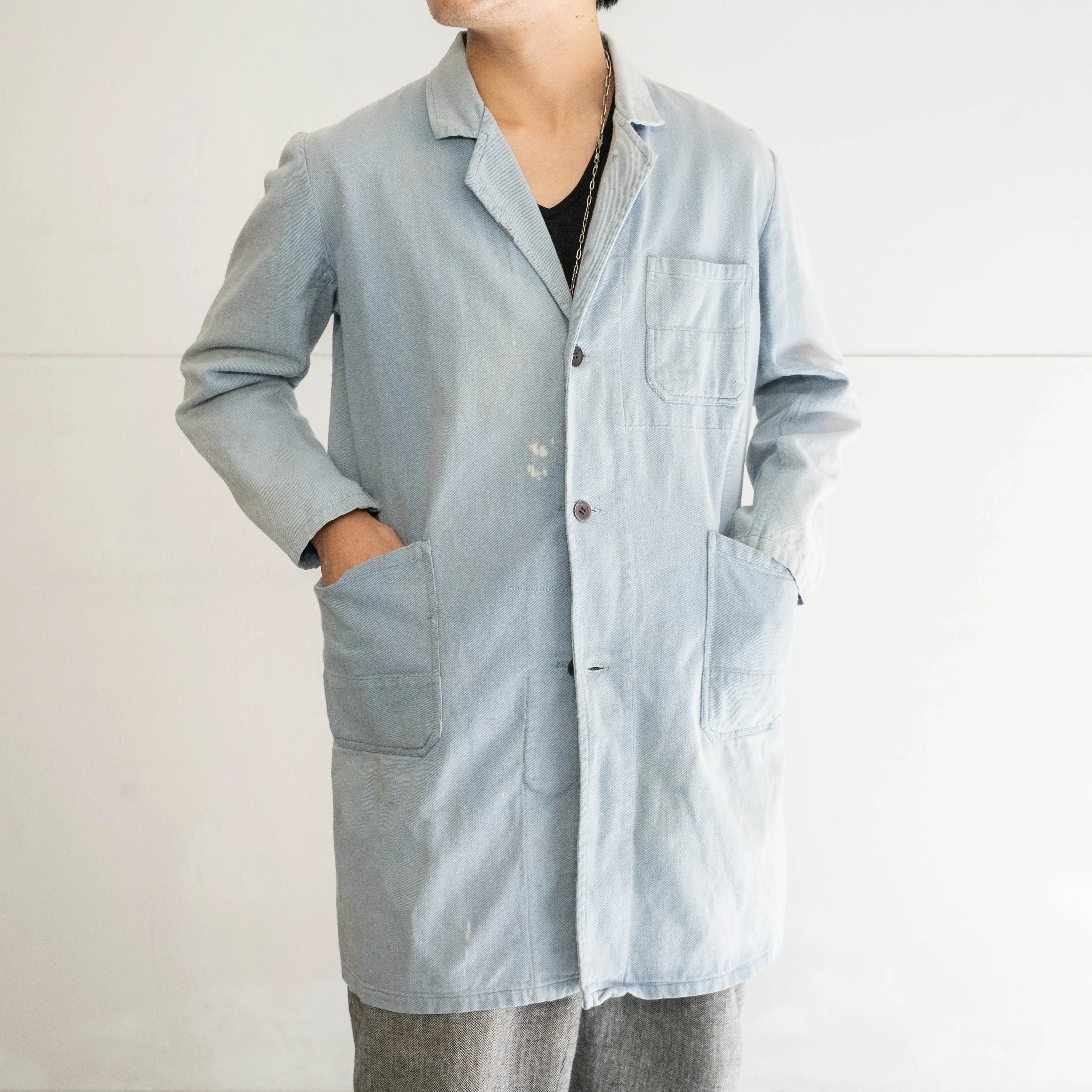 1960-70s Germany ice blue color work coat 'nice faded'