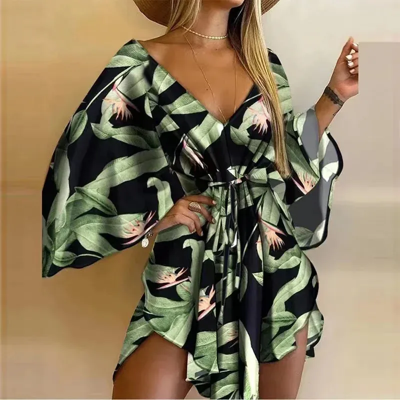 2024 Summer Beach Elegant Sexy V Neck Lace-up Floral Print Casual Flared Sleeves Dress