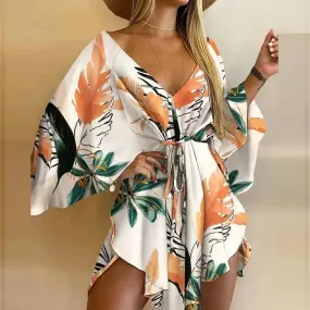 2024 Summer Beach Elegant Sexy V Neck Lace-up Floral Print Casual Flared Sleeves Dress