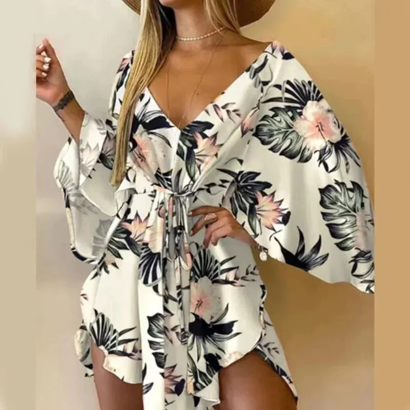 2024 Summer Beach Elegant Sexy V Neck Lace-up Floral Print Casual Flared Sleeves Dress