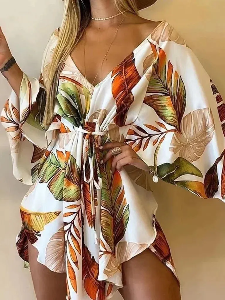 2024 Summer Beach Elegant Sexy V Neck Lace-up Floral Print Casual Flared Sleeves Dress