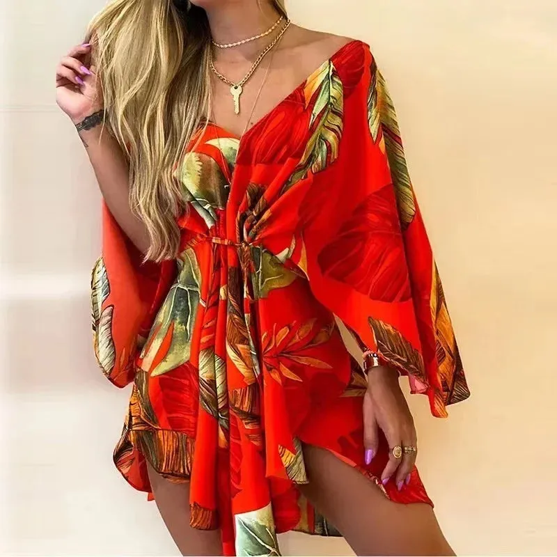 2024 Summer Beach Elegant Sexy V Neck Lace-up Floral Print Casual Flared Sleeves Dress