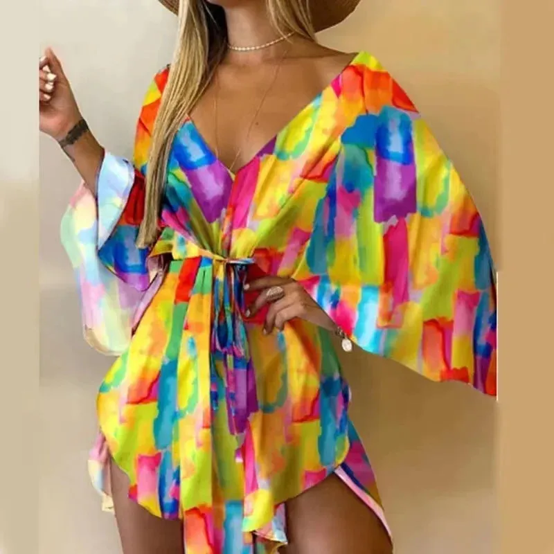 2024 Summer Beach Elegant Sexy V Neck Lace-up Floral Print Casual Flared Sleeves Dress