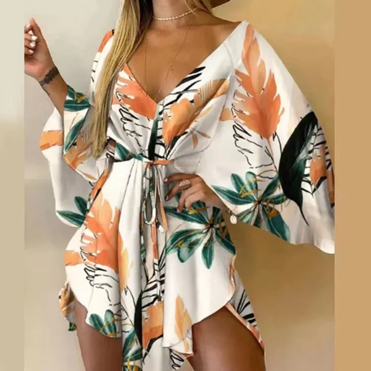 2024 Summer Beach Elegant Sexy V Neck Lace-up Floral Print Casual Flared Sleeves Dress