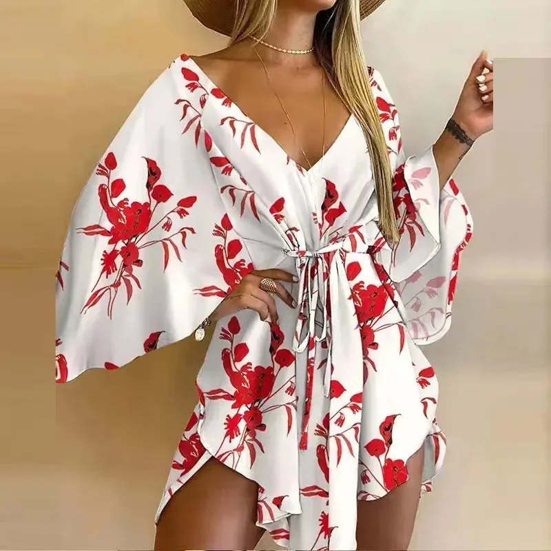 2024 Summer Beach Elegant Sexy V Neck Lace-up Floral Print Casual Flared Sleeves Dress