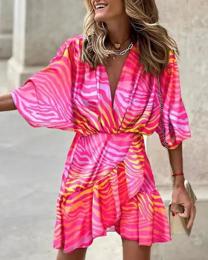 2024 Summer Irregular Beach Fashion Print Casual Bohemia Style Bat Sleeve Ruffles Dress