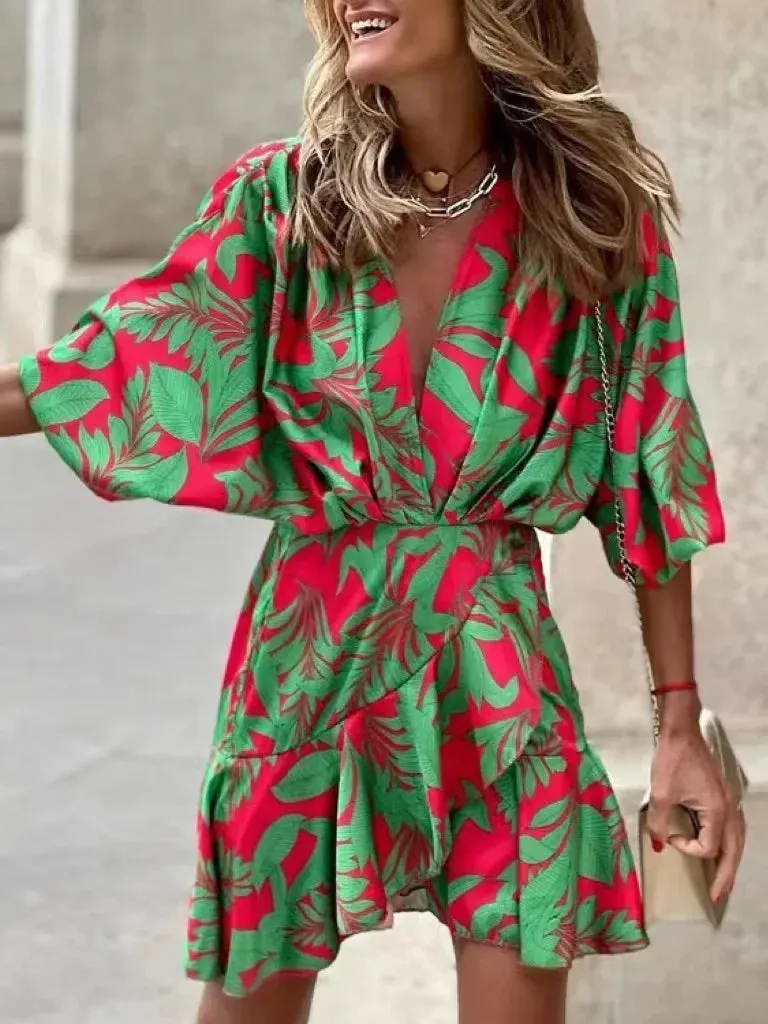 2024 Summer Irregular Beach Fashion Print Casual Bohemia Style Bat Sleeve Ruffles Dress