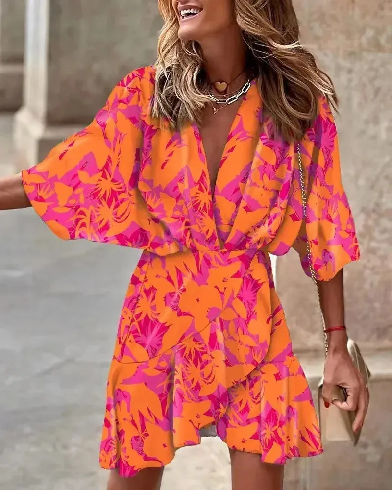 2024 Summer Irregular Beach Fashion Print Casual Bohemia Style Bat Sleeve Ruffles Dress