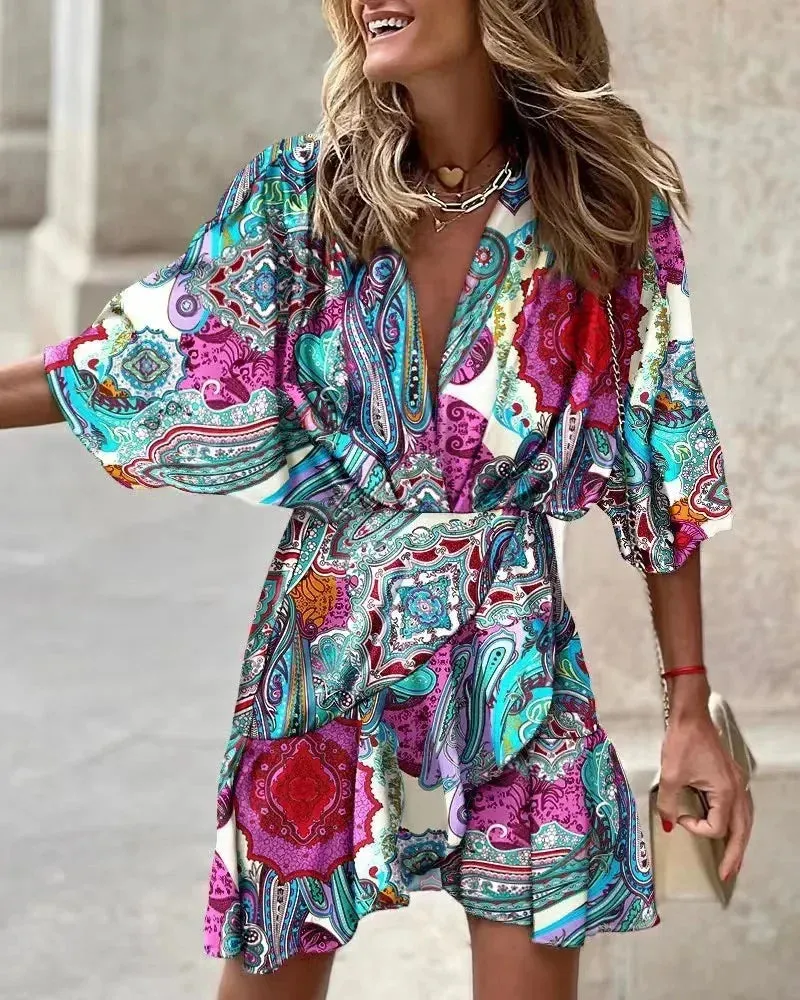 2024 Summer Irregular Beach Fashion Print Casual Bohemia Style Bat Sleeve Ruffles Dress