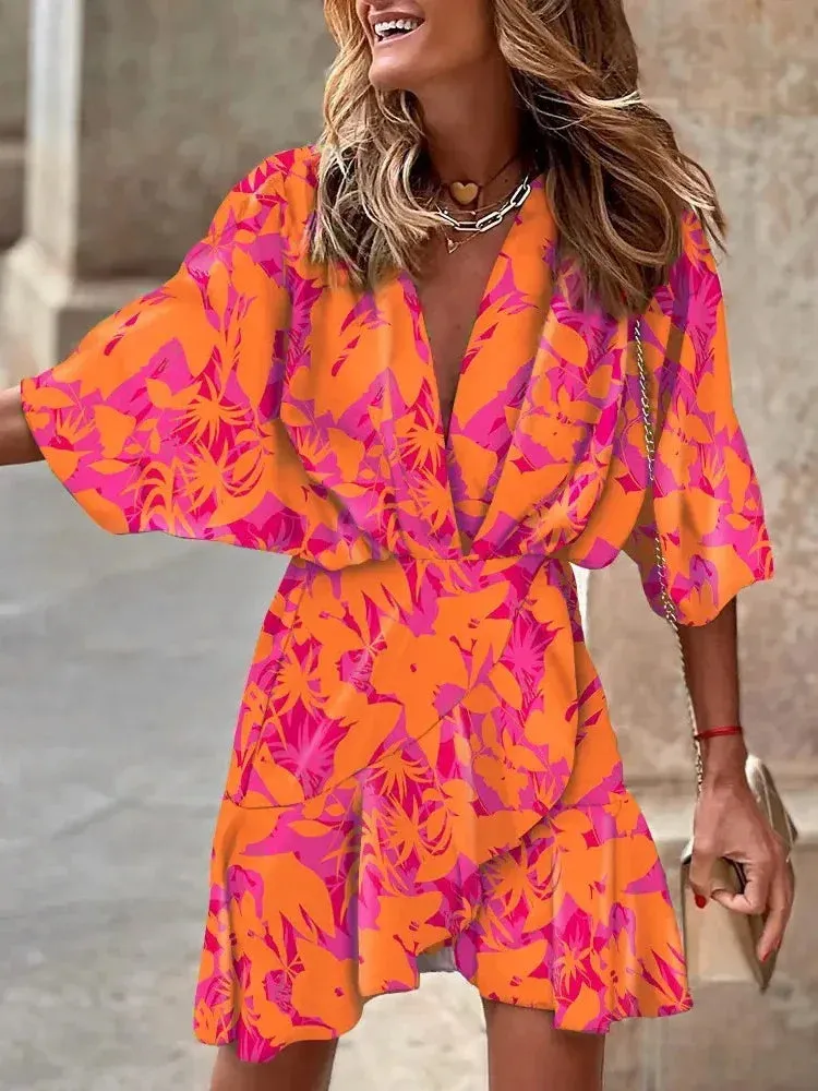 2024 Summer Irregular Beach Fashion Print Casual Bohemia Style Bat Sleeve Ruffles Dress