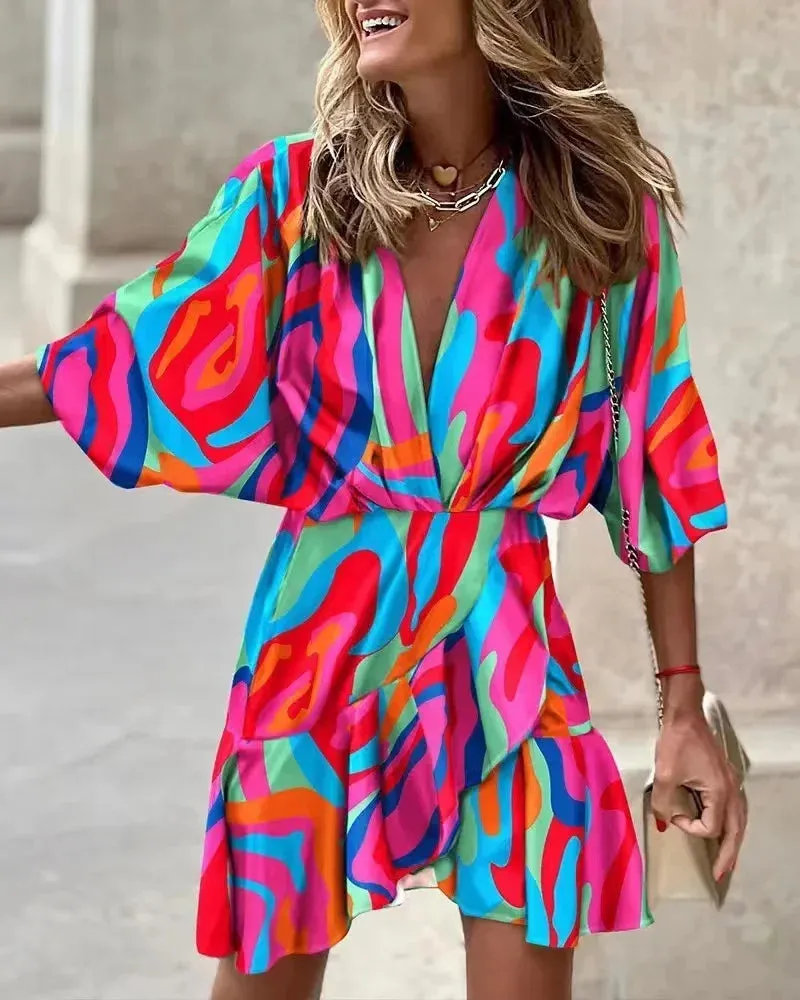 2024 Summer Irregular Beach Fashion Print Casual Bohemia Style Bat Sleeve Ruffles Dress