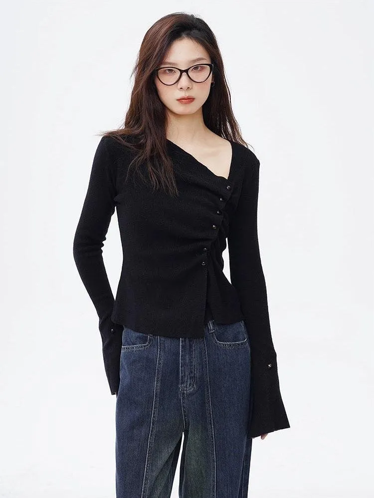 Asymmetric Button Ruched Long Sleeve Top