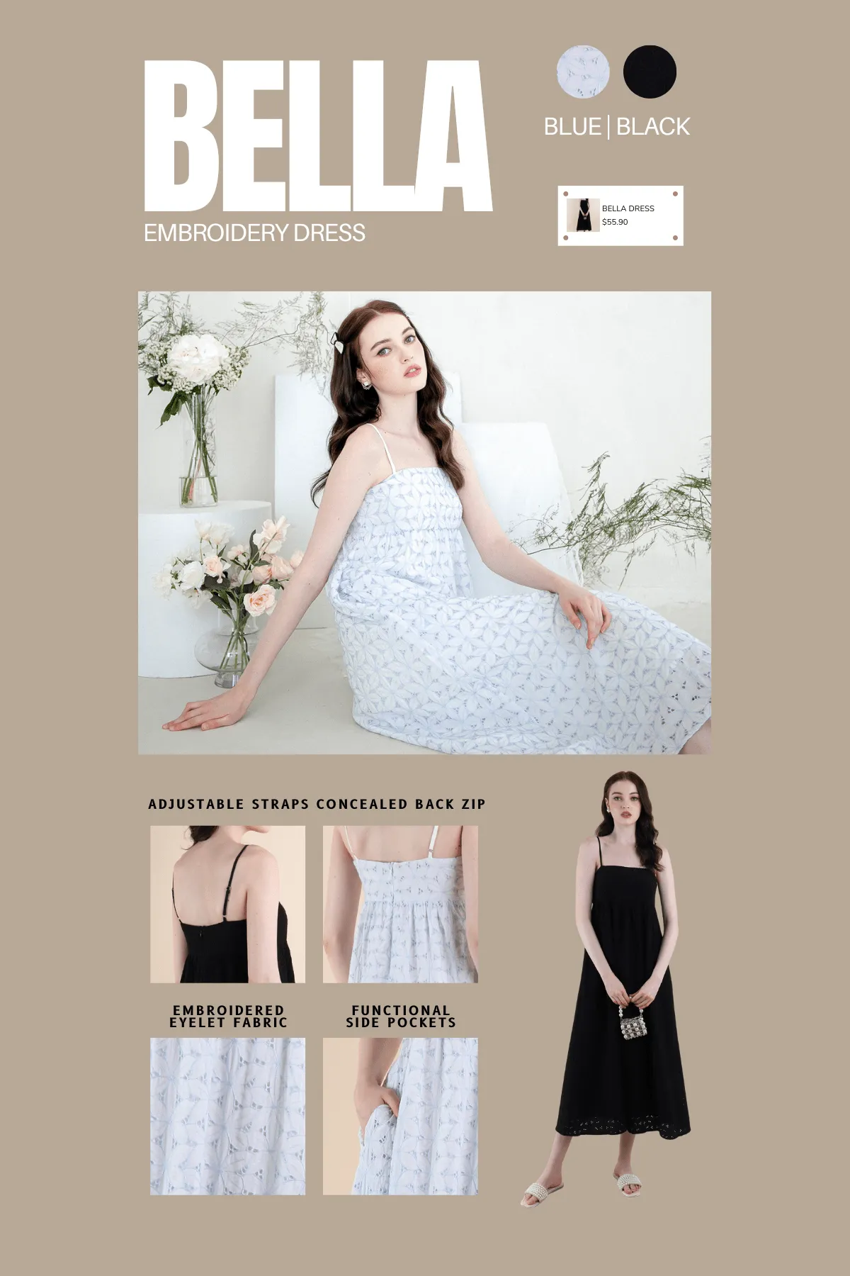 BELLA EMBROIDERY DRESS IN SKY