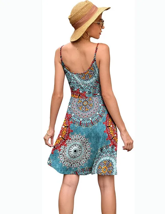 BerryBetty - Blue Ladies Fashion New Women Print V-Neck Sexy Strap Backless Satin Dress