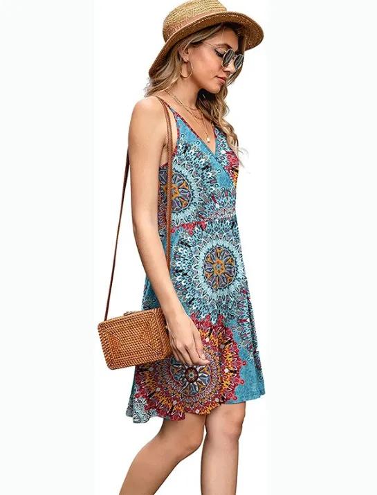 BerryBetty - Blue Ladies Fashion New Women Print V-Neck Sexy Strap Backless Satin Dress