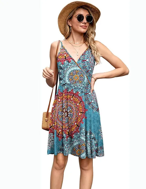 BerryBetty - Blue Ladies Fashion New Women Print V-Neck Sexy Strap Backless Satin Dress