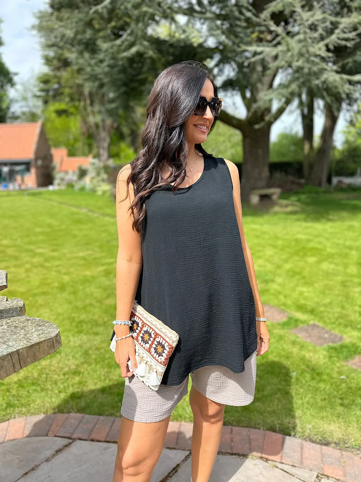 Black Bubble Cotton Vest Top Fran