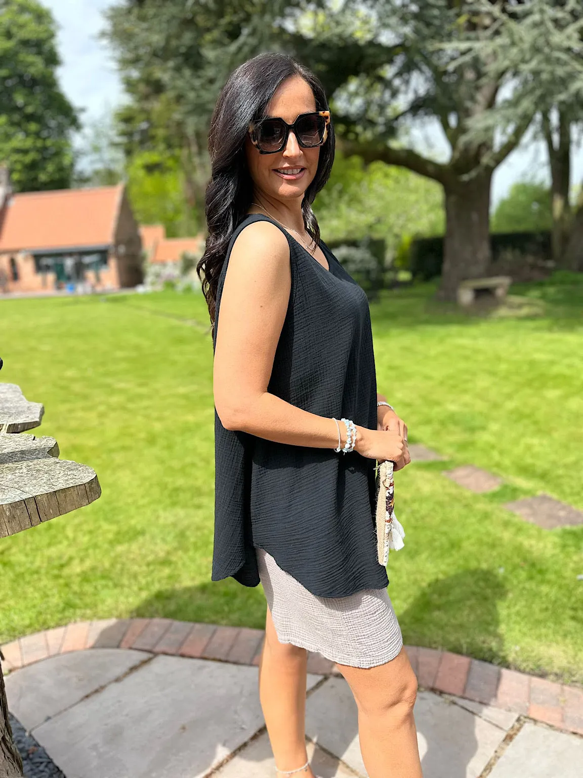 Black Bubble Cotton Vest Top Fran