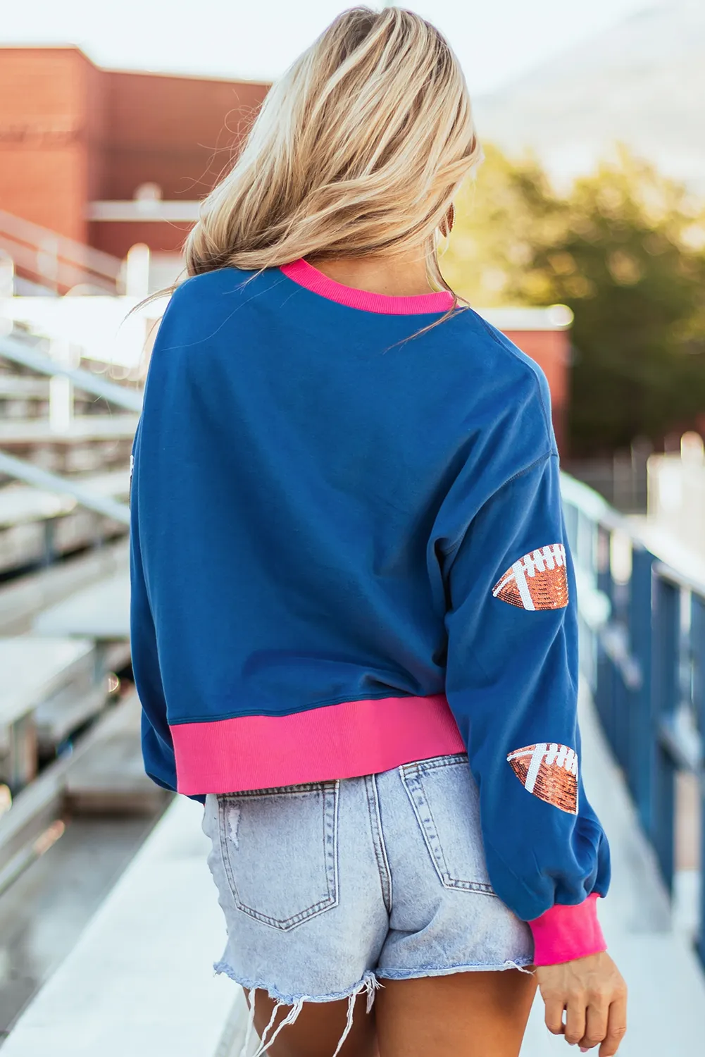 Blue Sequin Rugby Football Color Block Bubble Sleeve Game Day Sweatshirt