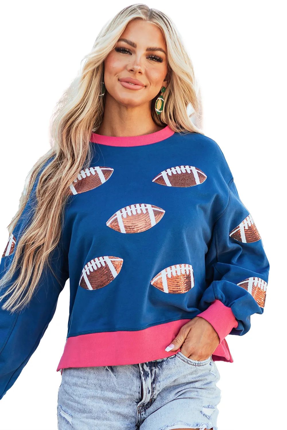 Blue Sequin Rugby Football Color Block Bubble Sleeve Game Day Sweatshirt