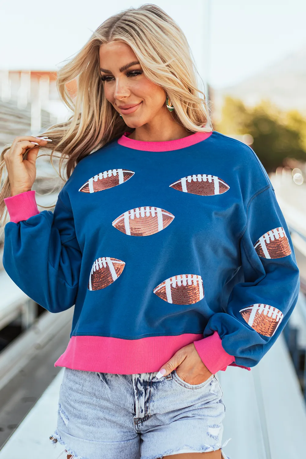 Blue Sequin Rugby Football Color Block Bubble Sleeve Game Day Sweatshirt