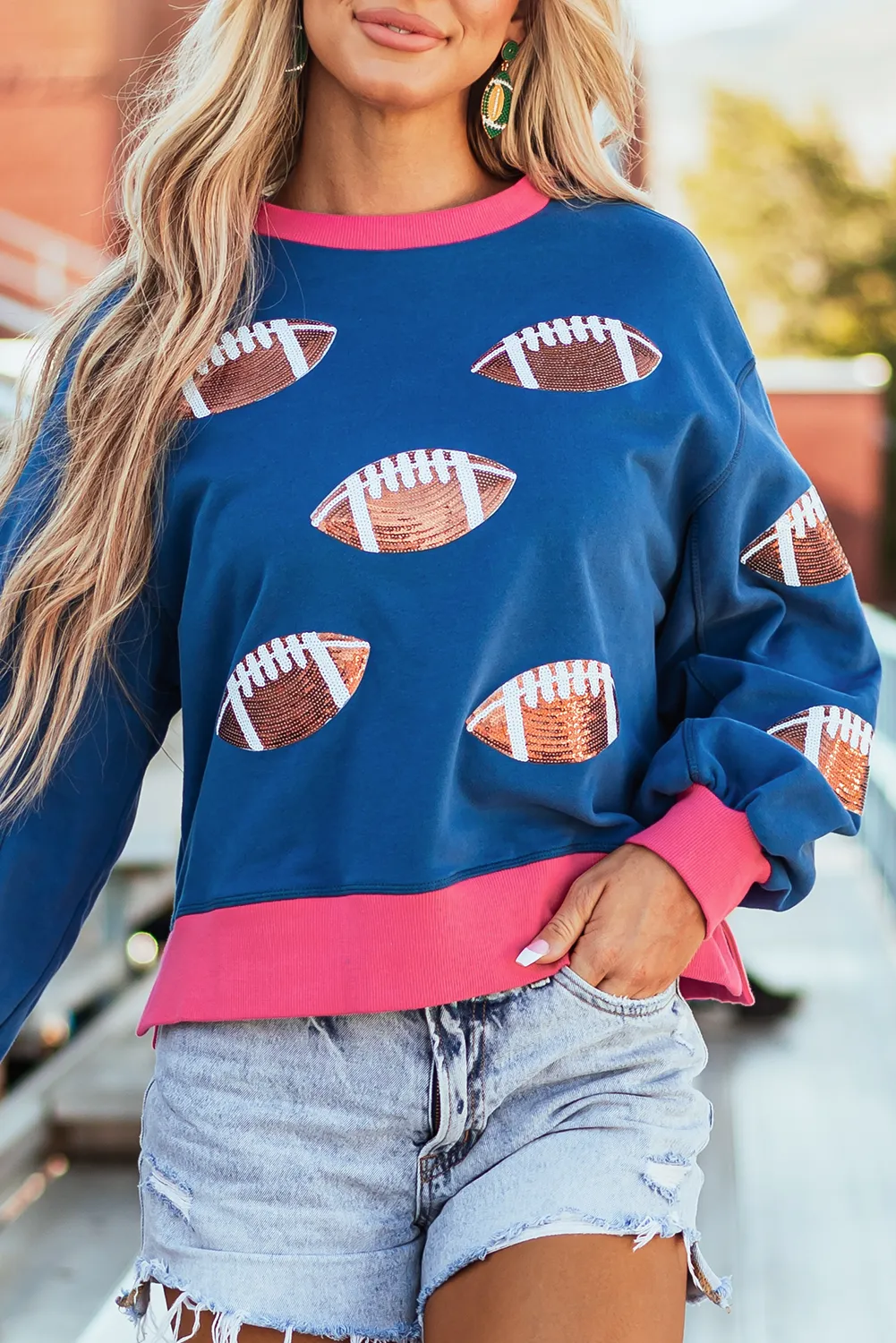 Blue Sequin Rugby Football Color Block Bubble Sleeve Game Day Sweatshirt