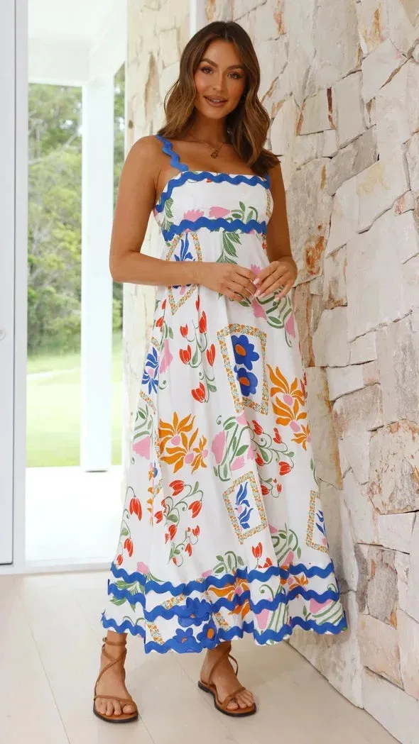 Bohemian Summer Printed A-line Long Dress Sexy Backless Holiday Beach Spaghetti Strap Dresses For Women Maxi Vestidos Para Mujer