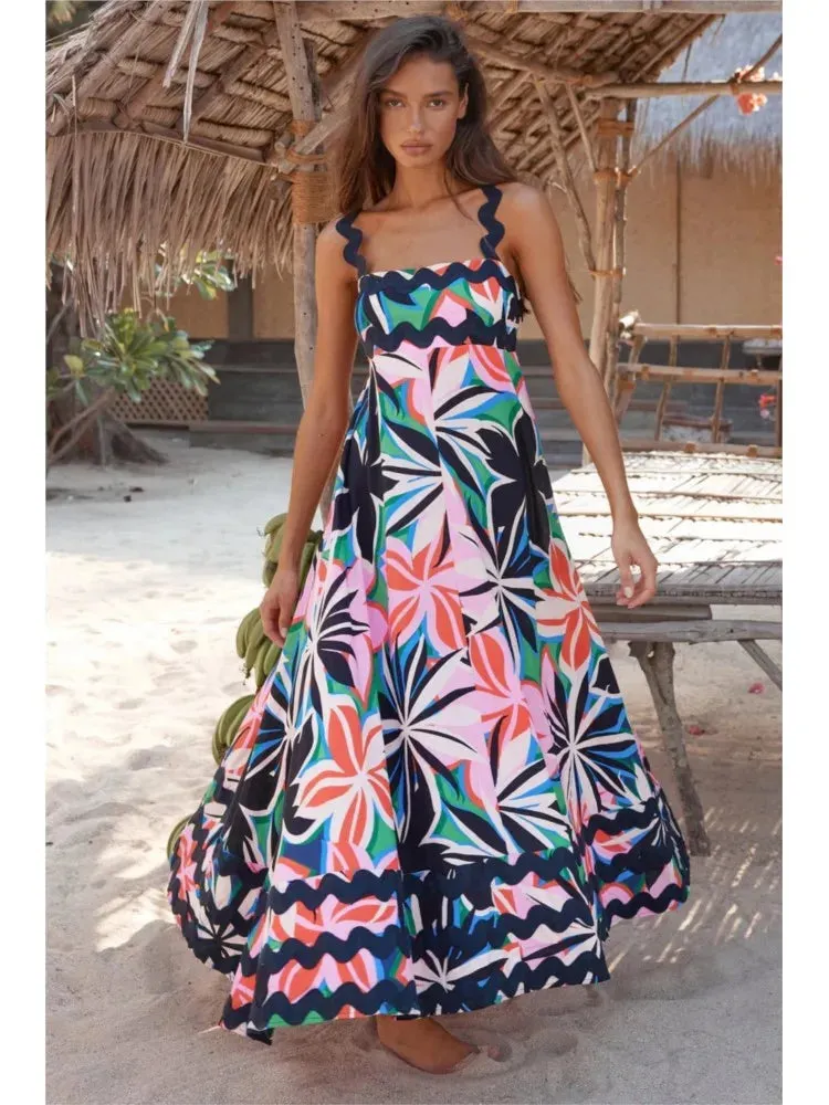 Bohemian Summer Printed A-line Long Dress Sexy Backless Holiday Beach Spaghetti Strap Dresses For Women Maxi Vestidos Para Mujer