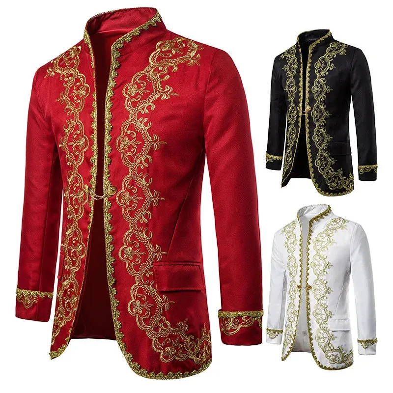 British Style Palace Prince Black Embroidery Men's Wedding Groom Suit Jacket Stage Singers Coat Masculino blazers