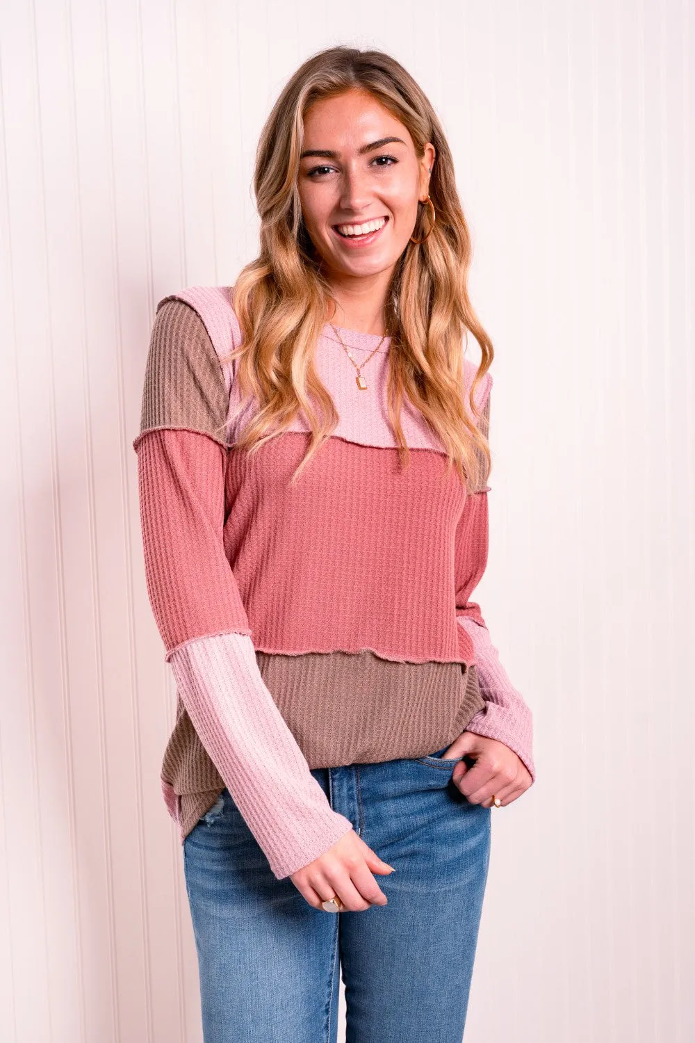 Color Block Exposed Seam Waffle-Knit Top