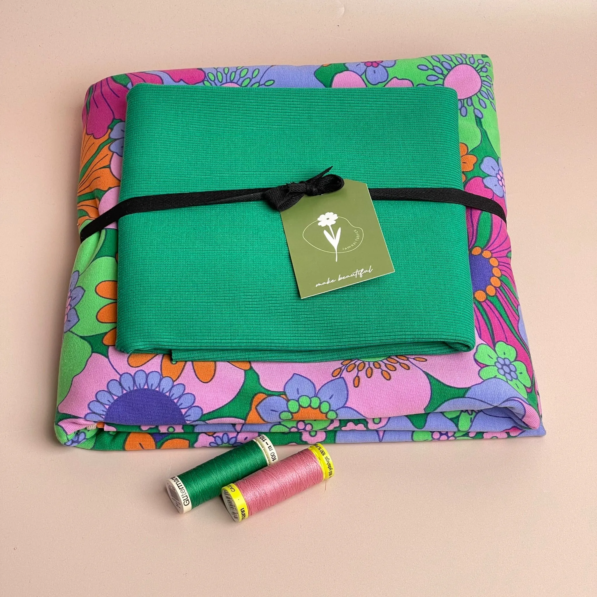 Colour Bundles - Blooms on Green Cotton French Terry and Ribbing