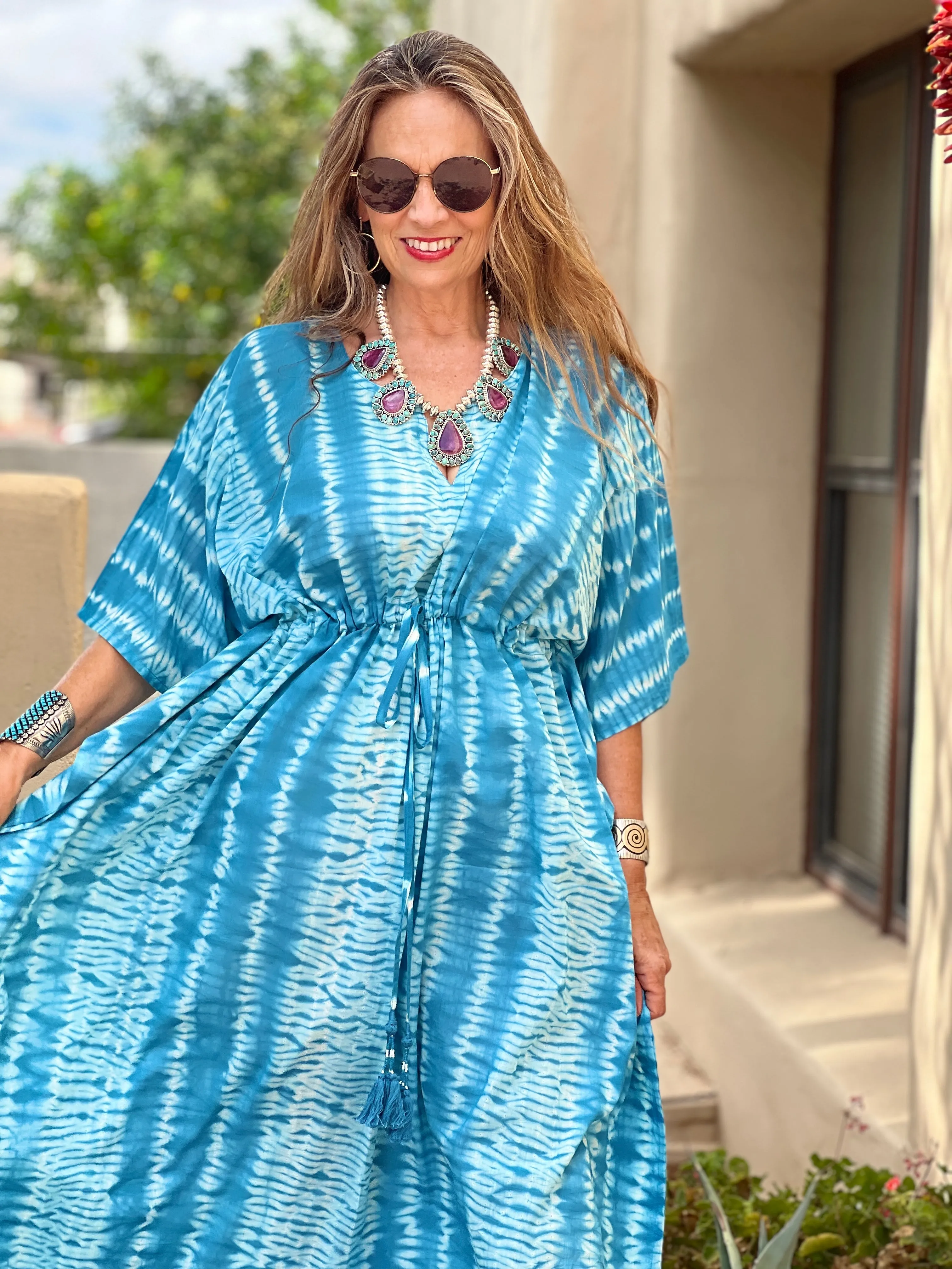 Corfu Teal Needle Shibori Maxi Kaftan Dress