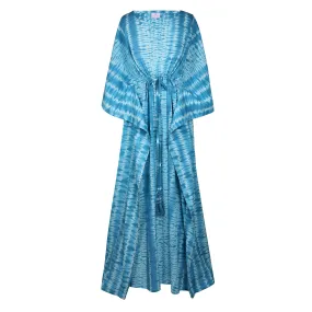 Corfu Teal Needle Shibori Maxi Kaftan Dress