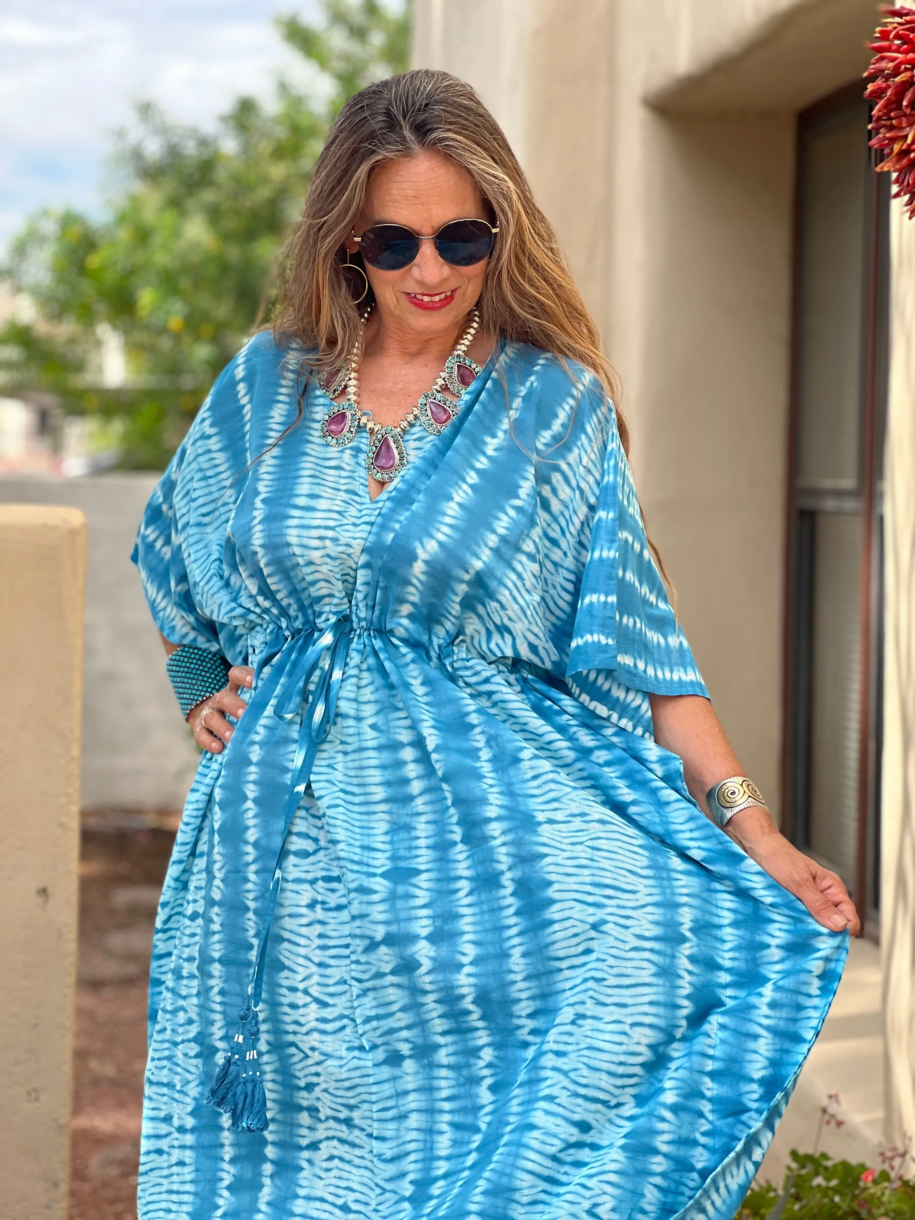 Corfu Teal Needle Shibori Maxi Kaftan Dress