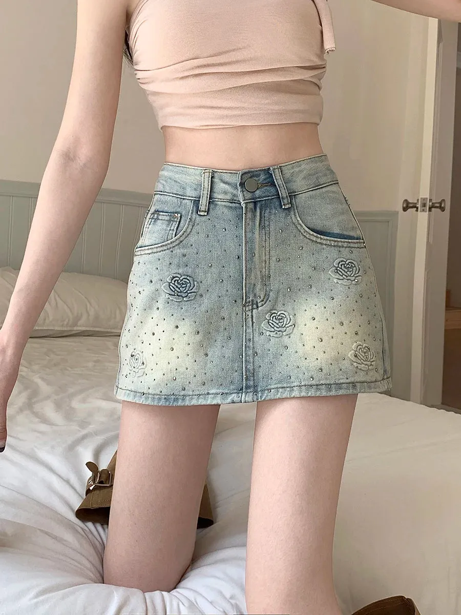 DressBetty - Hot Diamond Floral Denim A-line Mini Skirt