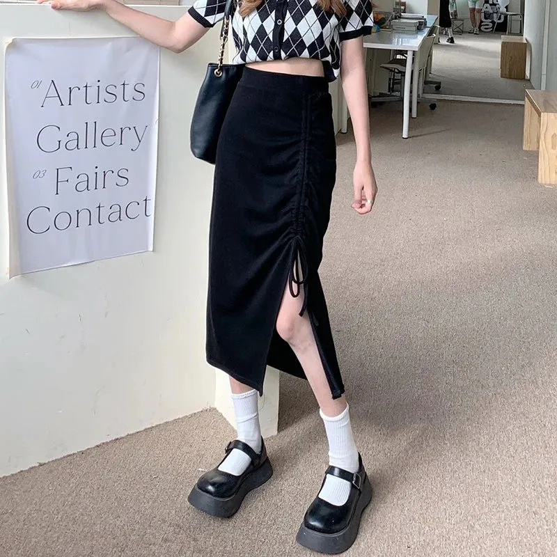 DressBetty - Solid Color Drawstring Side Split Streetwear Long Skirt