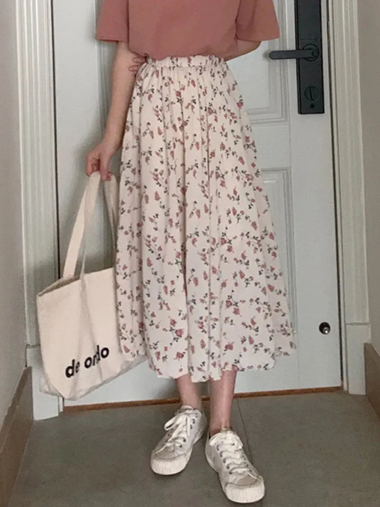 DressBetty - Vintage Floral Print A-line Pleated Streetwear Drawstring Midi Skirt