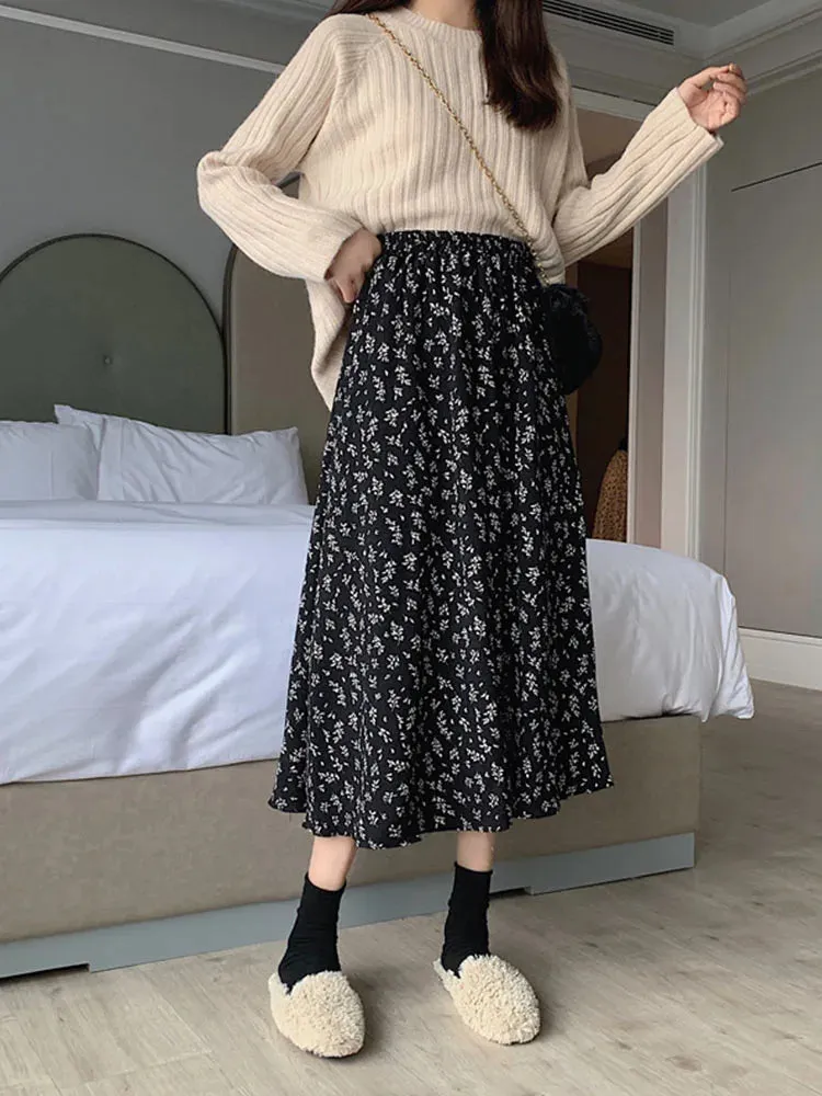 DressBetty - Vintage Floral Print A-line Pleated Streetwear Drawstring Midi Skirt