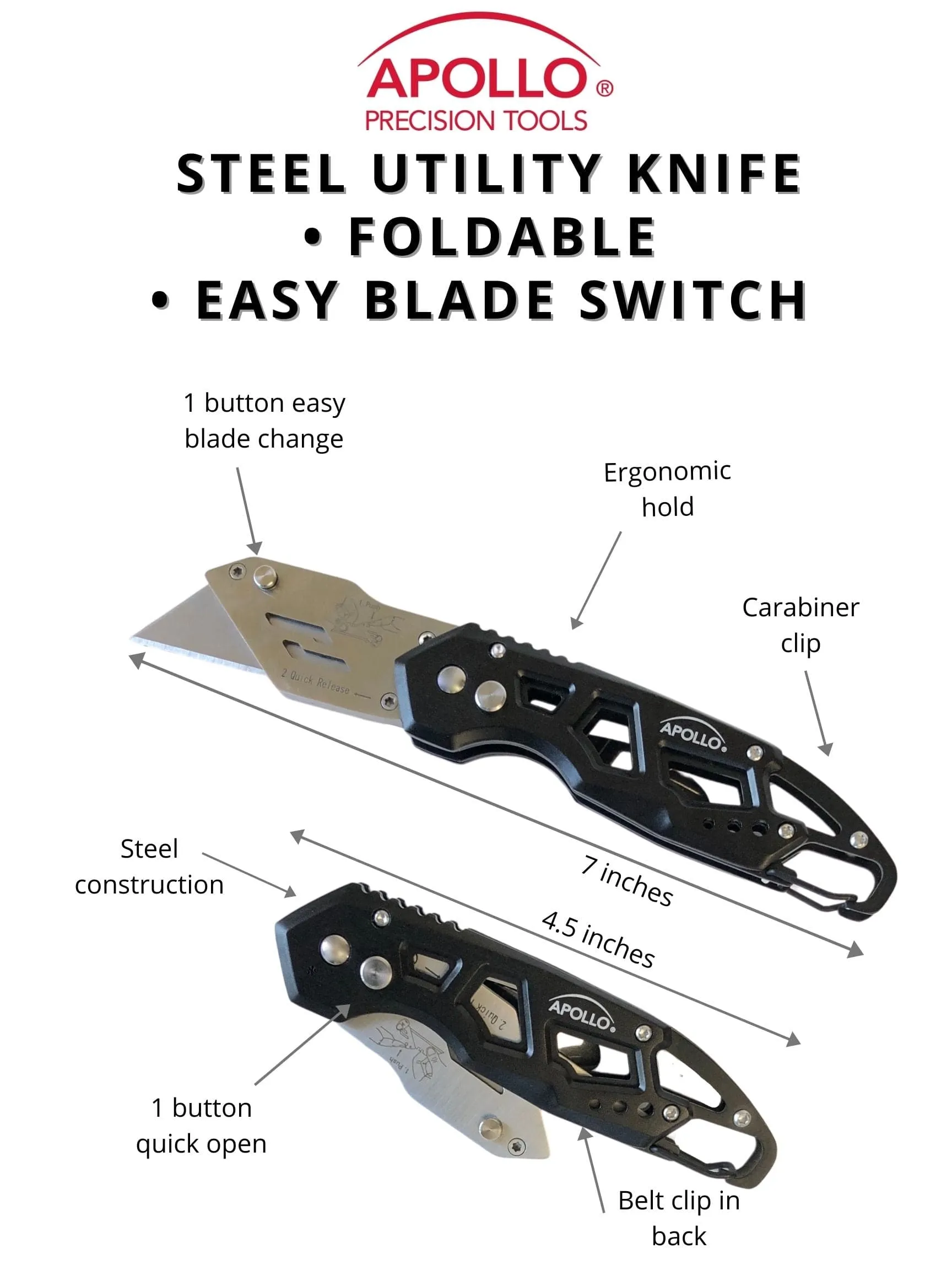 Ergonomic Stainless Steel, Lightweight, Foldable Black Utility Knife with Carabiner Clip and Fast-Change Blade - DT5017