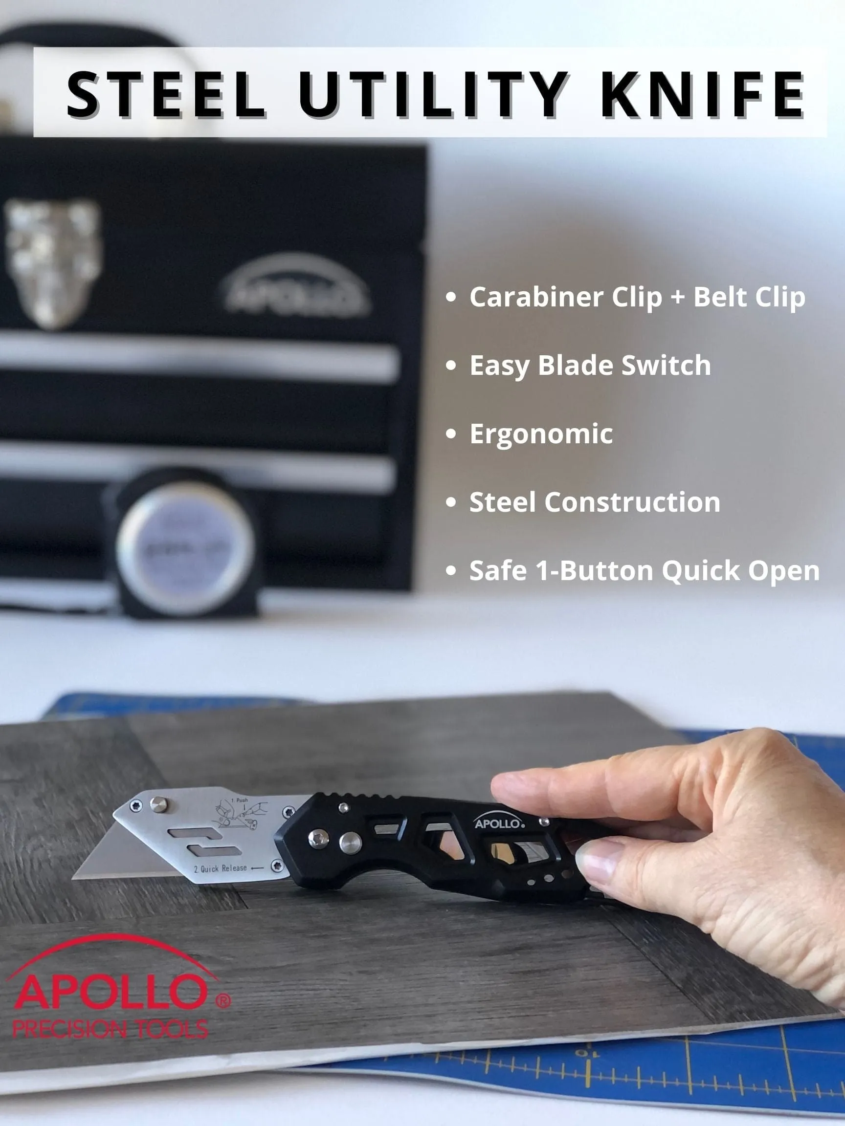 Ergonomic Stainless Steel, Lightweight, Foldable Black Utility Knife with Carabiner Clip and Fast-Change Blade - DT5017