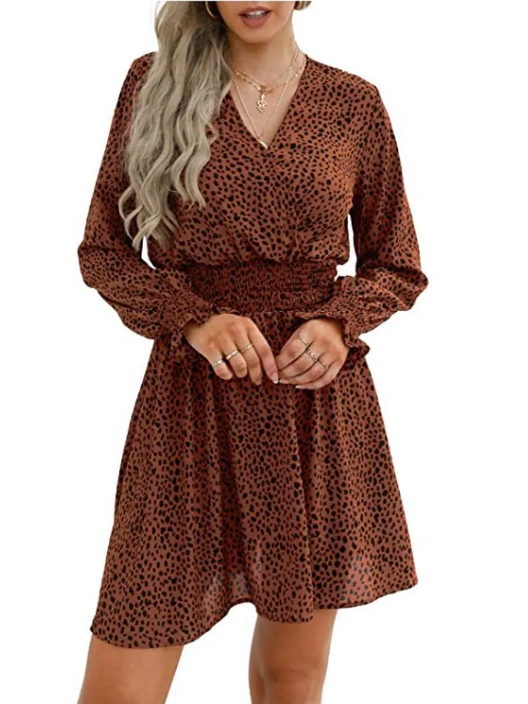 Fashion V-neck Printing Elastic Modern Waist Pullover A-line Dress