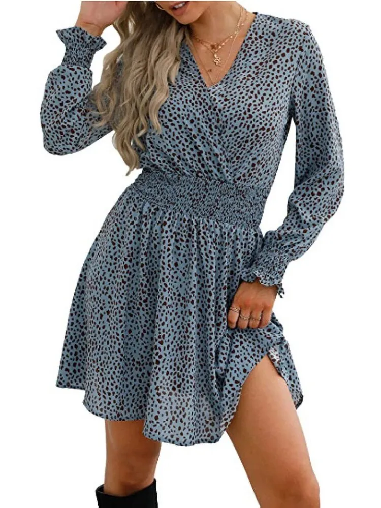 Fashion V-neck Printing Elastic Modern Waist Pullover A-line Dress