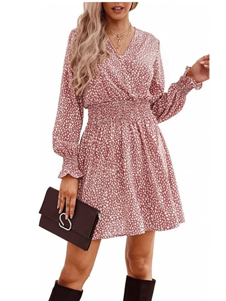 Fashion V-neck Printing Elastic Modern Waist Pullover A-line Dress