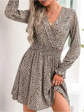 Fashion V-neck Printing Elastic Modern Waist Pullover A-line Dress