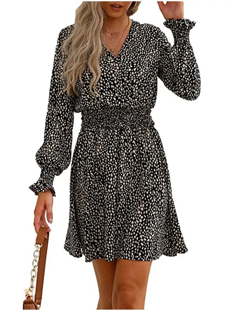 Fashion V-neck Printing Elastic Modern Waist Pullover A-line Dress