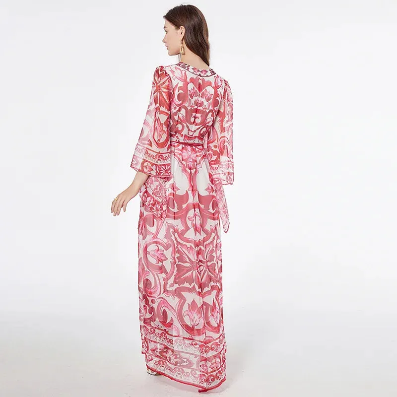 JAMERARY fashion runway blue white porcelain floral maxi dress for women summer autumn long sleeve flower printing dresses lady